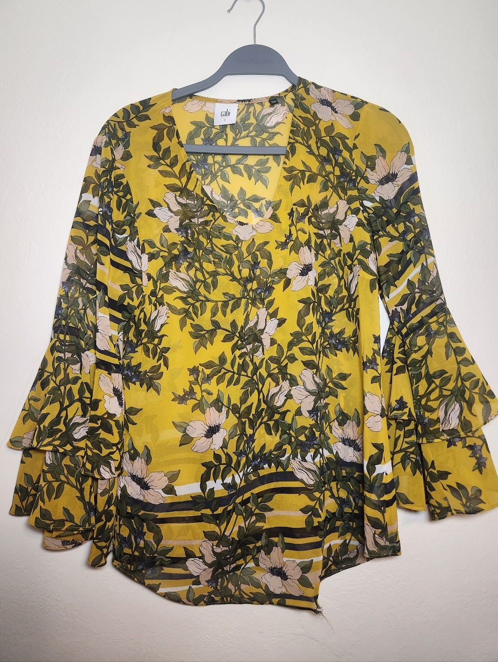 CAbi Yellow Floral V-Neck Bell Sleeve Blouse